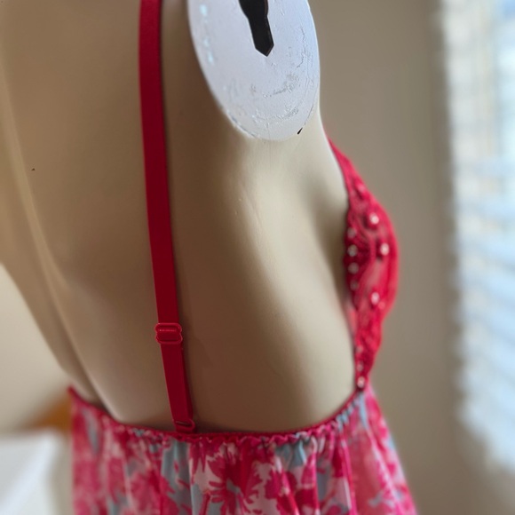 Red Floral Babydoll Sheer Adjustable Strap Slip Nineteen Sexy Sleep Dress Medium - Picture 10 of 11